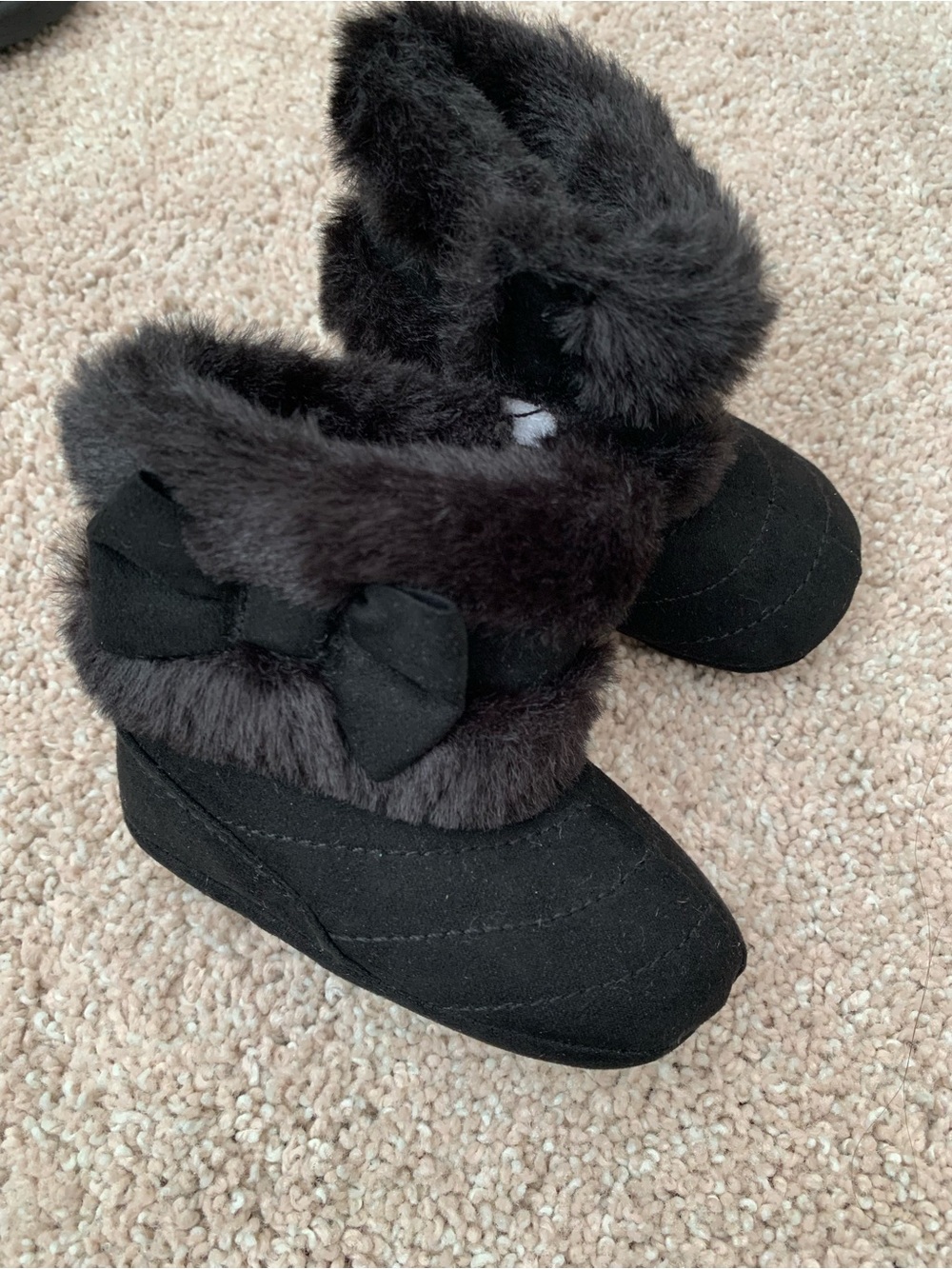 Black Faux Fur Bow Baby Booties
